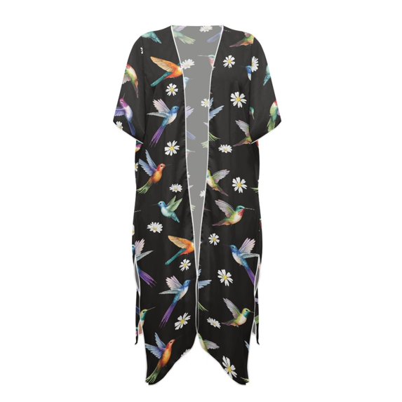 HELLHERO Tropical Hummingbird & Daisy Kimono Cover Up - Lightweight Breathable Beachwear for Summer Vacations & Pool Parties