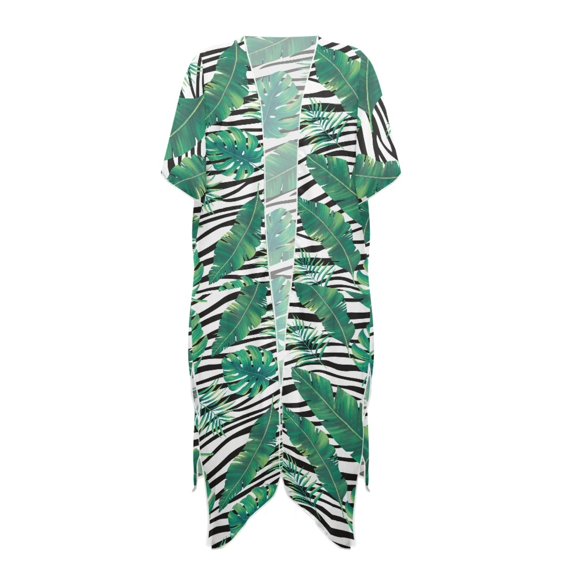 HELLHERO Tropical Leaf & Zebra Stripe Kimono Cover Up - Lightweight Breathable Beachwear for Women, Perfect for Pool, Resort & Vacation Getaways