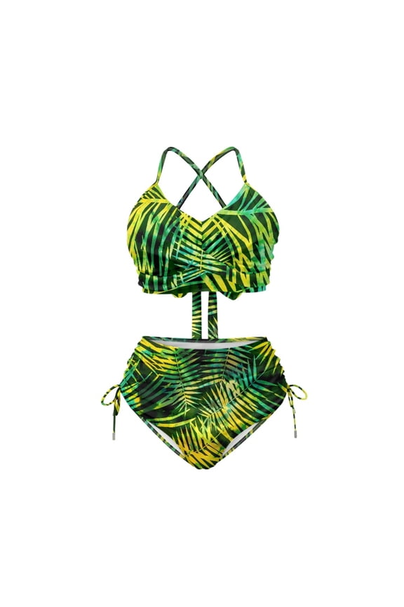 Tropical Palm Leaf Halter High Waisted Bikini Set 2 Piece Drawstring Bathing Suit with Removable Pads for Beach Vacation & Pool Days