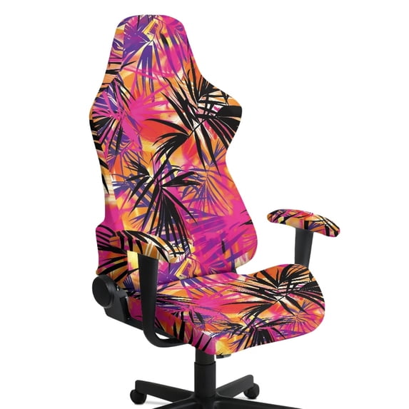 HELLHERO Tropical Palm Leaf Print 4 Piece Gaming Chair Cover with Armrest Covers for Gamer, Spandex Office Computer Chair Protector Stretchable Non-Slip Armchair Slipcover for Bedroom