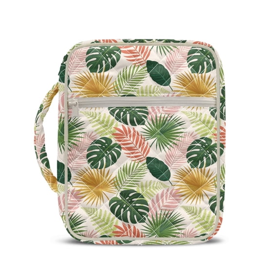HELLHERO Tropical Palm Leaf Print Quilted Bible Cover for Spiritual, Polyester Fabric Quilted Bible Bag with Pocket Lightweight Bibles Study Bag