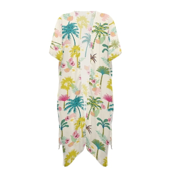 HELLHERO Tropical Palm Tree Floral Kimono - Lightweight Breathable Beach Cover Up | Flowy Loose Fit for Summer Vacation, Pool & Resort