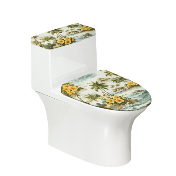 HELLHERO Tropical Palm and Wave Toilet Seat Lid Cover Set Soft Toilet Top Cover Set & 2 Piece for Bathroom Easy Care Elastic Bottom