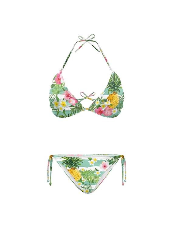 Tropical Pineapple Floral Print Two Piece Bikini Set Women's Quick Dry Swimwear for Beach Pool Vacation Adjustable Halter Removable Pad
