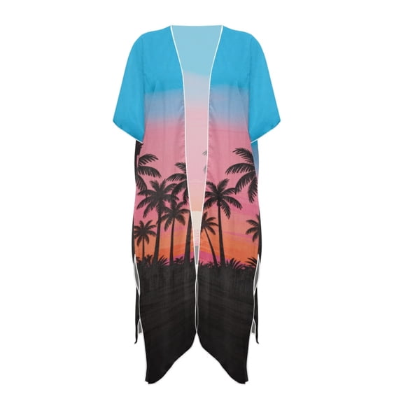 HELLHERO Tropical Sunset Palm Tree Kimono - Lightweight Breathable Swimsuit Cover Up | Vacation Vibe Beachwear for Women