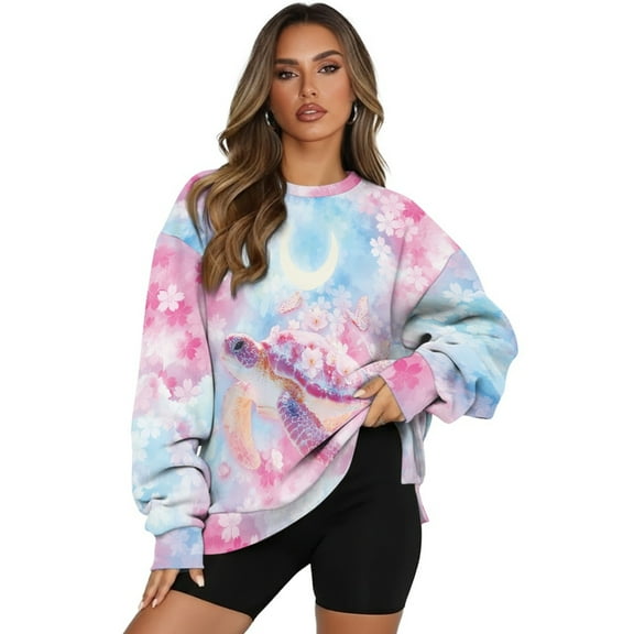 HELLHERO Turtle Cherry Blossom Print Sweatshirt for Women Fall Fashion Crewneck Pullover Tops Casual Oversized Long Sleeve Sweatshirt Size L