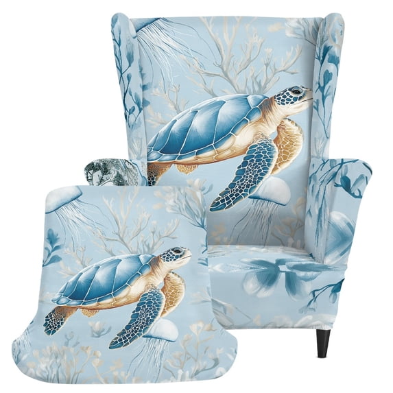 HELLHERO Turtle and Jellyfish Pattern Spandex Armchair Sofa Slipcover with Anti-slip, Dustproof Single-Seat Wingback Armchair Covers for Living Room Bedroom