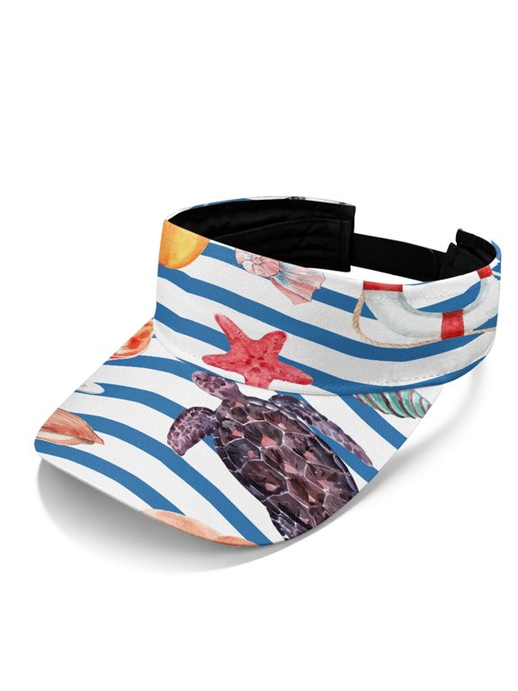 Turtle and Starfish Pattern Empty Crown Visor Hat, Adjustable Tennis Visor Polyester Fabric Comfortable Sun Protection Outdoor Sun Visor Cap for Golf