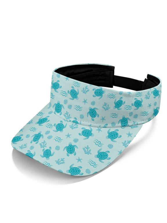 Turtle and Starfish Pattern Lightweight Sun Visor Cap, Polyester Fabric UV Protected Sun Visor Hat Adjustable Strap Open Top Visors for Women