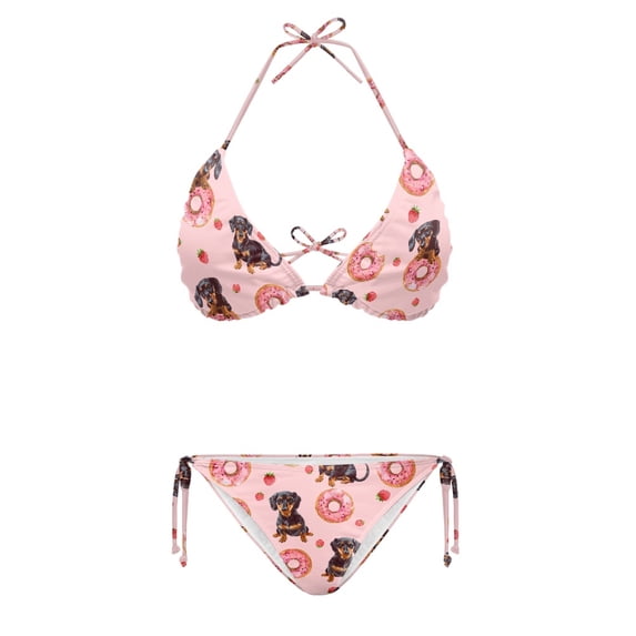 HELLHERO Two Piece Bikini Set Dachshund, Dachshund and Strawberry Pattern Swimwear Quick Dry Adjustable Halter Tie Side Vacation Swimwear