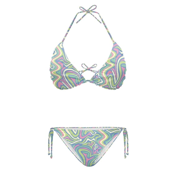HELLHERO Two Piece Bikini Set with Colorful Wavy Abstract Pattern Comfortable Swimwear for Vacation Adjustable Halter Quick Dry Removable Pad