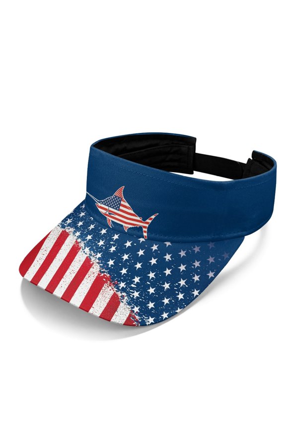 USA Flag Marlin Sun Visor, Lightweight Sun Visor Cap Polyester Fabric Adjustable Strap UV Protection Open Top Cap for Travel