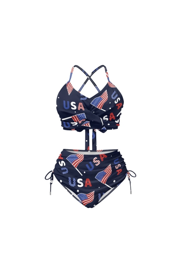 USA Flag Print High Waisted 2-Piece Swimsuit - Halter Cross Back Bathing Suit with Drawstring Sides for Summer Beach & Pool Vacation
