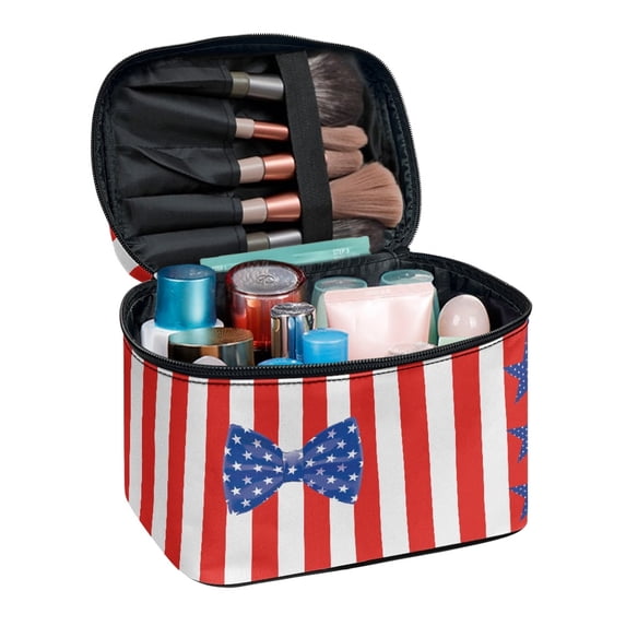 HELLHERO USA Flag with Bow Portable Cosmetic Bags with Brush Slots Portable Cosmetic Bag Organizer Home Office Desktop