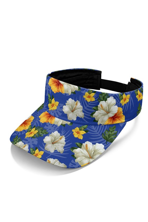 UV Protection Polyester Fabric Sports Visor Hat for Running Fishing, Breathable Open Top Adjustable Strap Sun Visor Hat, Blue Hibiscus