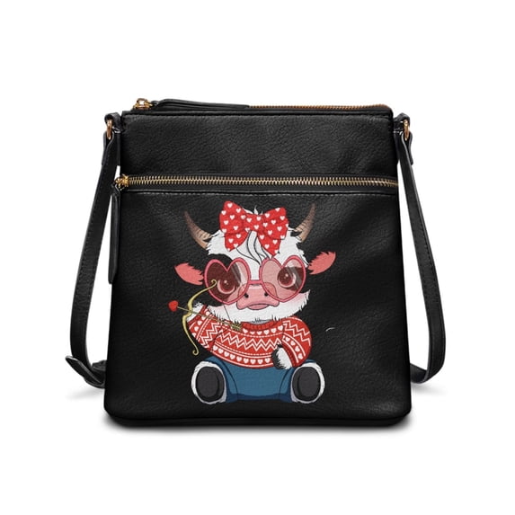 HELLHERO Valentine's Day Printed Crossbody Bag Featuring Heart Bow Cow, Waterproof PU Leather Handbag with Multiple Pockets for Daily Use and Travel
