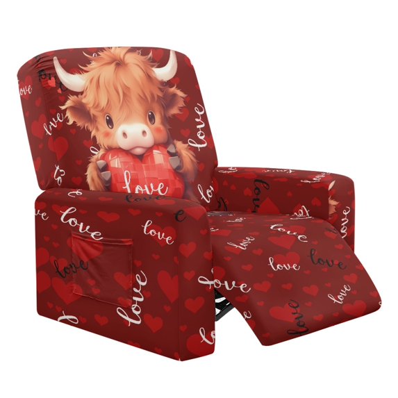 HELLHERO Valentine's Day Recliner Couch Covers Featuring Highland Cow Love Hearts, 4 Pieces Elastic Soft Polyester Spandex Covers for Kids Pet Single Lounger Sofa