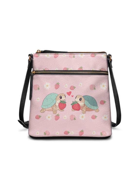 Versatile Ladies Shoulder Bag for Shopping Travel Daily Use, PU Leather Smooth Zipper Closure Lightweight Satchel Bag, Turtle Love Berry