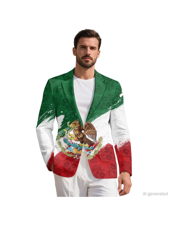 Vintage Distressed Mexican Flag Formal Dress Jacket, One Button Men's Suits Slim Fit Polyester Blazer for Casual