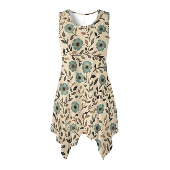 HELLHERO Vintage Floral Print Summer Sleeveless Dress, Round Neck Women's Summer Sundress with Side Pockets Pleated for Work