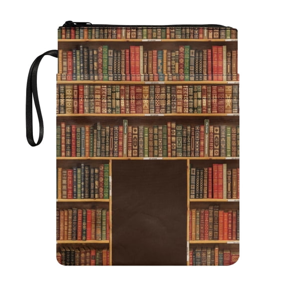 HELLHERO Vintage Library Bookshelf Print Book Sleeve with Zipper 11.4"x8.7" Durable Polyester Book Protector Pouch with Portable Rope Front Pocket
