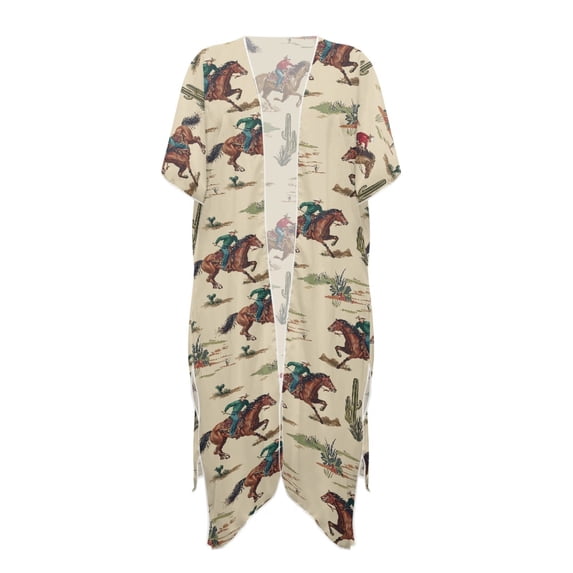 HELLHERO Vintage Western Cowboy Print Kimono Cover Up - Lightweight Breathable Beach Cardigan for Summer Vacation & Poolside