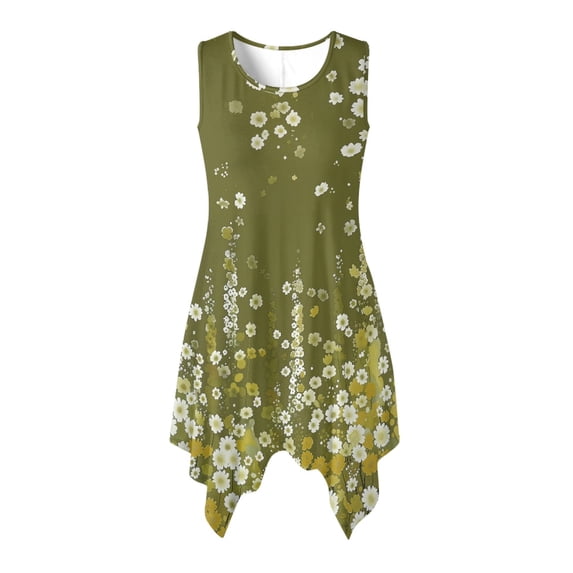 HELLHERO Vintage Wild Floral Print Sleeveless Sundress, Round Neck Summer Dress Side Pockets Irregular Hem Sleeveless Dress for Holiday Vacation