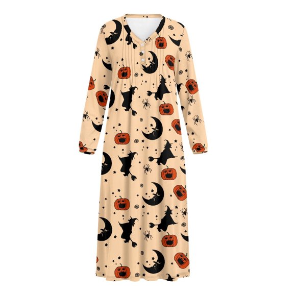 HELLHERO Warm House Dress for Bedroom Home, Elastane Polyester Blend Button Front Comfy Nightdress, Moon Pumpkin Pattern