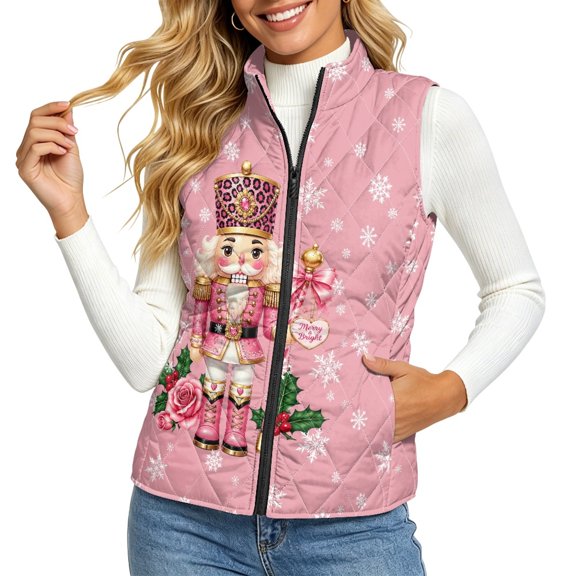 HELLHERO Warm Women's Quilted Vest for Shopping Fall, Polyester Fabric Zip Pockets Women's quilted jacket vest, Pink Nutcracker Holiday