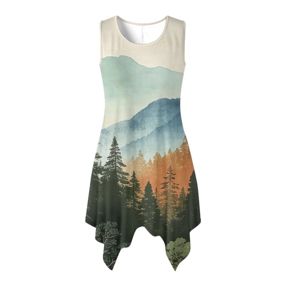 HELLHERO Watercolor Mountain Forest Landscape Print Sleeveless Sundress for Party Daily, Pleated Deep Side Pockets Ladies Irregular Hem Casual Dress