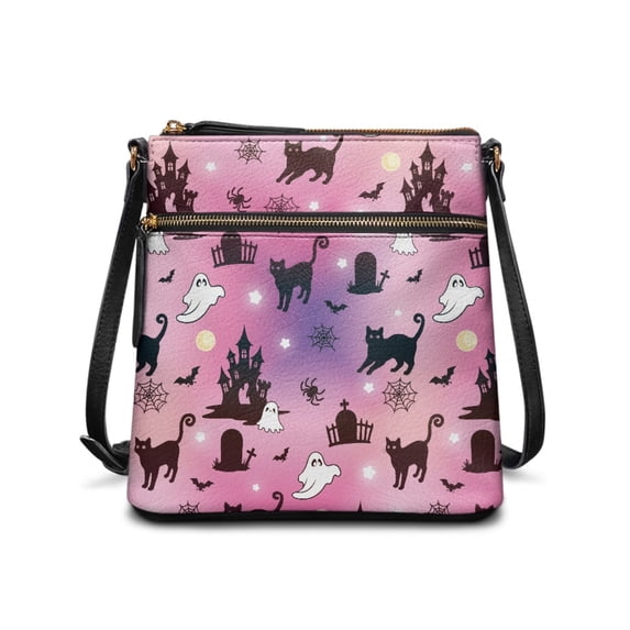 HELLHERO Waterproof Crossbody Bag for Daily Outings Shopping Daily Use, PU Leather Adjustable Strap Stylish Purse, Ghost Cat Pattern