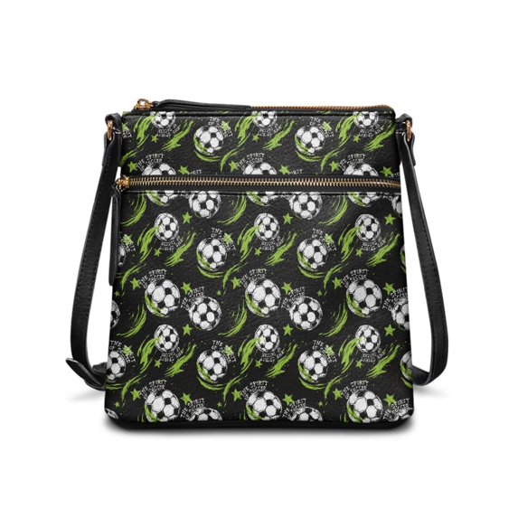 HELLHERO Waterproof Satchel Bag for Shopping Short Trips Travel, PU Leather Stylish Multiple Zipper Pockets Shoulder Purse, Green Star Soccer
