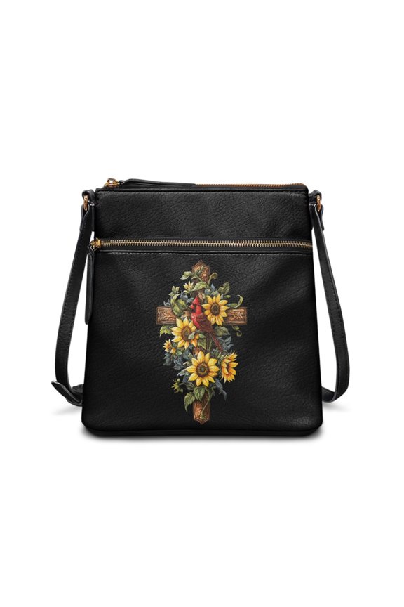 Waterproof Single Shoulder Crossbody Purse for Travel Outdoor Activities, Water-Resistant Durable PU Leather Crossbody Bag, Sunflower Cross Cardinal Print