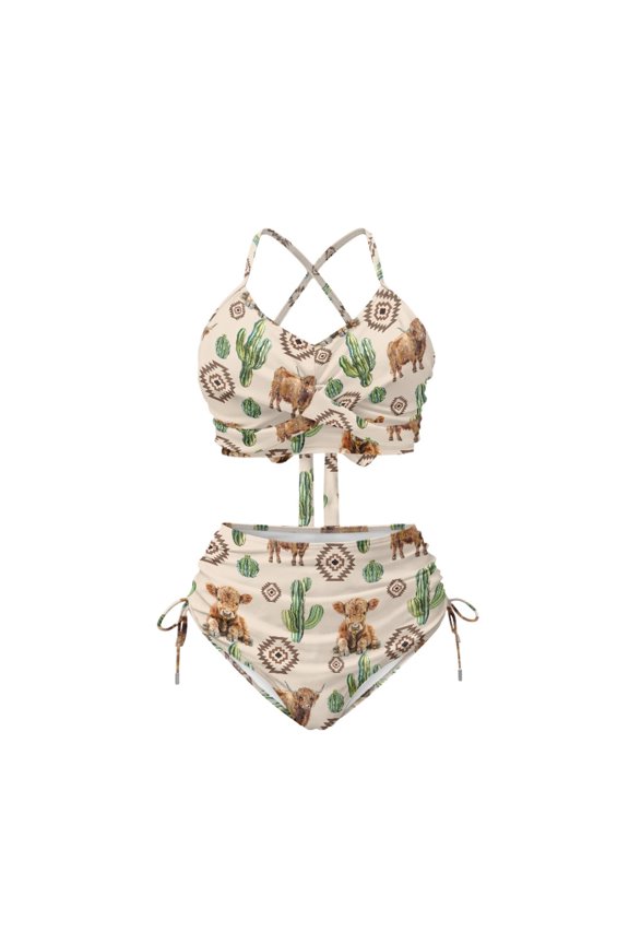 Western Highland Cow & Cactus 2-Piece High Waisted Bikini Halter Neck with Drawstring Sides Trendy Boho Beach Swimwear for Women, XS-3XL