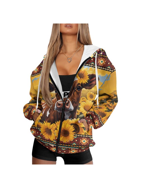 Western Sunflower Cow Print Track Jacket Drawstring with Adjustable Drawstring Hood Polyester Fabric Cropped Hoodie for Fall Travel