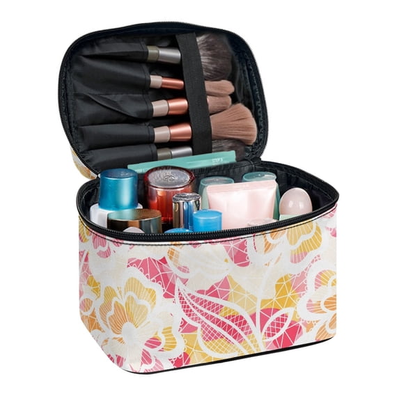 HELLHERO White Floral and Leaf Pattern Travel Makeup Bags Wide-open Practical Women