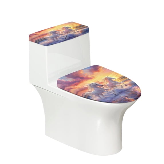 HELLHERO White Horse Pattern Adjustable Soft Fits All Toilet Shapes Polyester Bathroom Toilet Lid Cover Set Bathroom Home Dustproof Reusable U-Shaped 2-Piece