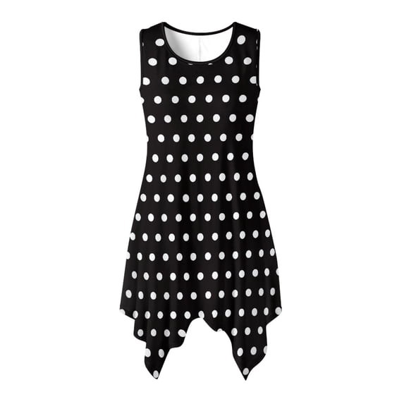 HELLHERO White Polka Sleeveless Sundress for Cocktail Party Daily Wear, Asymmetric Round Neck Summer Sleeveless Dress