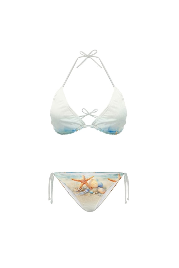 White Sand Beach Watercolor Bathing Suit Soft Fabric Plus Size Design Backless Halter Bikini Set Two Piece