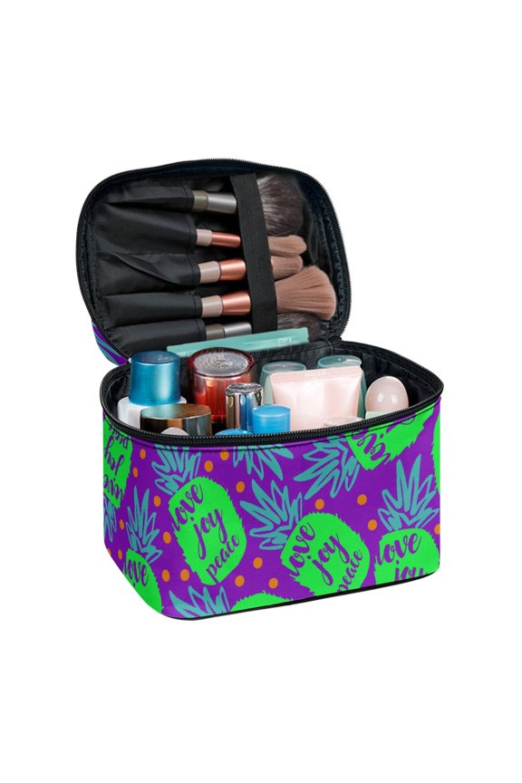 Wide-open Double Zipper Cosmetic Bag Cosmetic Organizer Bags Outdoor Travel, Pineapple Pattern