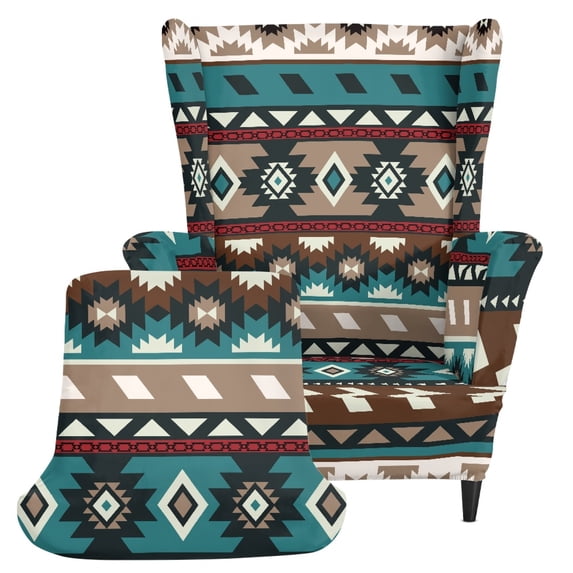HELLHERO Wing Chair Slipcovers Southwestern Geometric Pattern 2 Piece Wingback Chair Cover for Bedroom, Spandex Washable Stretch Wingback Chair Slipcover