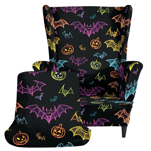 HELLHERO Wingback Chair Cover Halloween Bat Pumpkin Print 2 Piece Wingback Chair Slipcover for Living Room, Spandex Removable Washable Single-Seat Wingback Armchair Covers