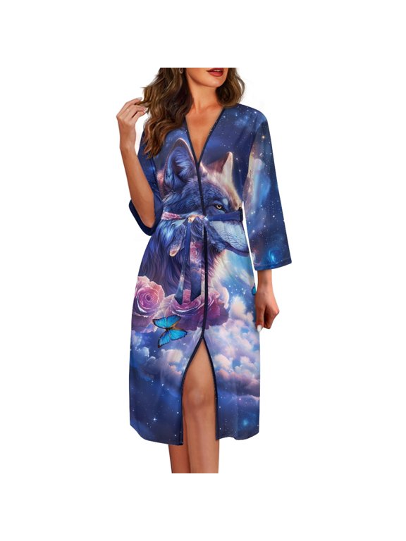 Winter Long Sleeve Robe for Women with Galaxy Wolf Print, Elastic Cloth Knee Length Nightgown for Home Spa and Daily Relax