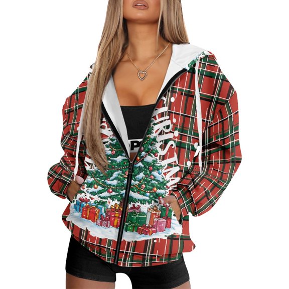 HELLHERO With Pockets Women's Zip up Hoodies for Fall Winter, Christmas Tree Plaid Polyester Fabric Ultra Soft Womens Zip up Hoodies
