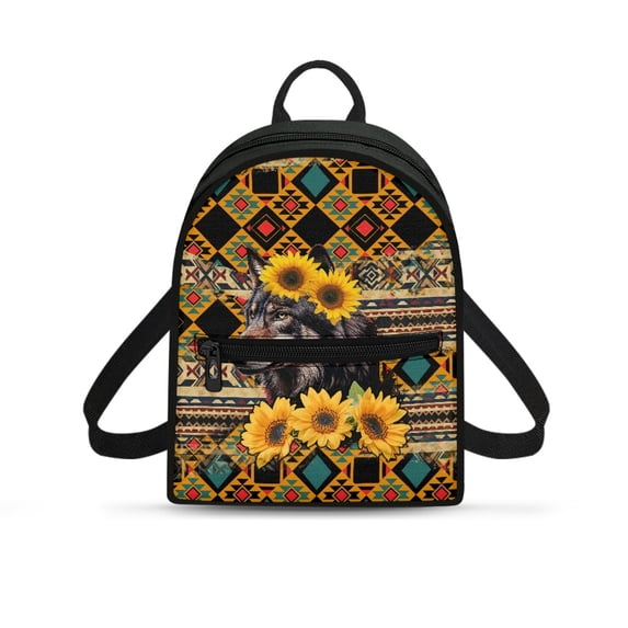 HELLHERO Wolf Sunflower Pattern Travel Mini Purse Lightweight Small Backpack for Work Hiking, Polyester Zipper Closure Mini Backpack