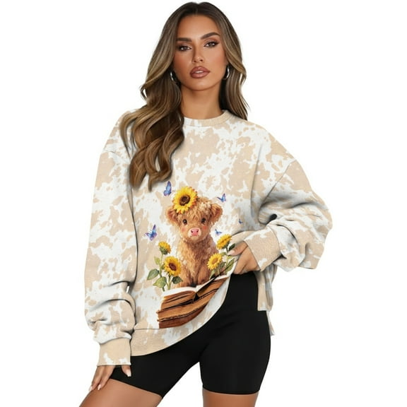 HELLHERO Women Sweatshirt Trendy Highland Cattle Sunflower Butterfly Print Pullover Tops Plus Size Long Sleeve Crewneck Sweater Size XL
