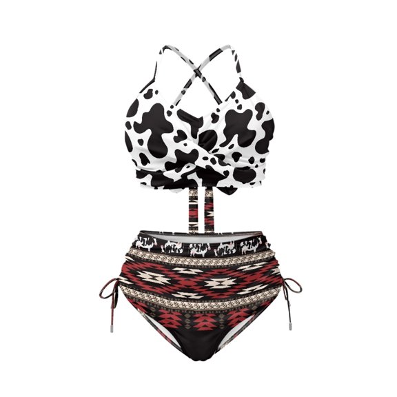 HELLHERO Women's Cow Print & Aztec Geometric 2-Piece High Waisted Bikini Set - Halter Neck with Drawstring Sides, Quick Dry Swimwear for Beach & Vacation