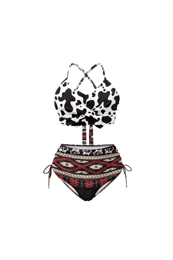 Women's Cow Print & Aztec Geometric 2-Piece High Waisted Bikini Set - Halter Neck with Drawstring Sides, Quick Dry Swimwear for Beach & Vacation