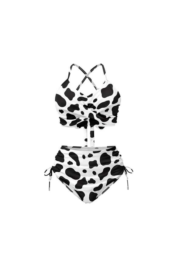 Women's Cow Print High Waisted Bikini Set Halter Cross Back 2 Piece Swimsuit with Drawstring Sides Perfect for Summer Beach & Pool