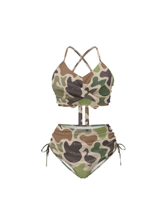 Women's Duck Camo High Waisted Bikini Set - Halter Neck with Drawstring Detail Quick Dry Swimwear for Beach Vacation & Pool Party